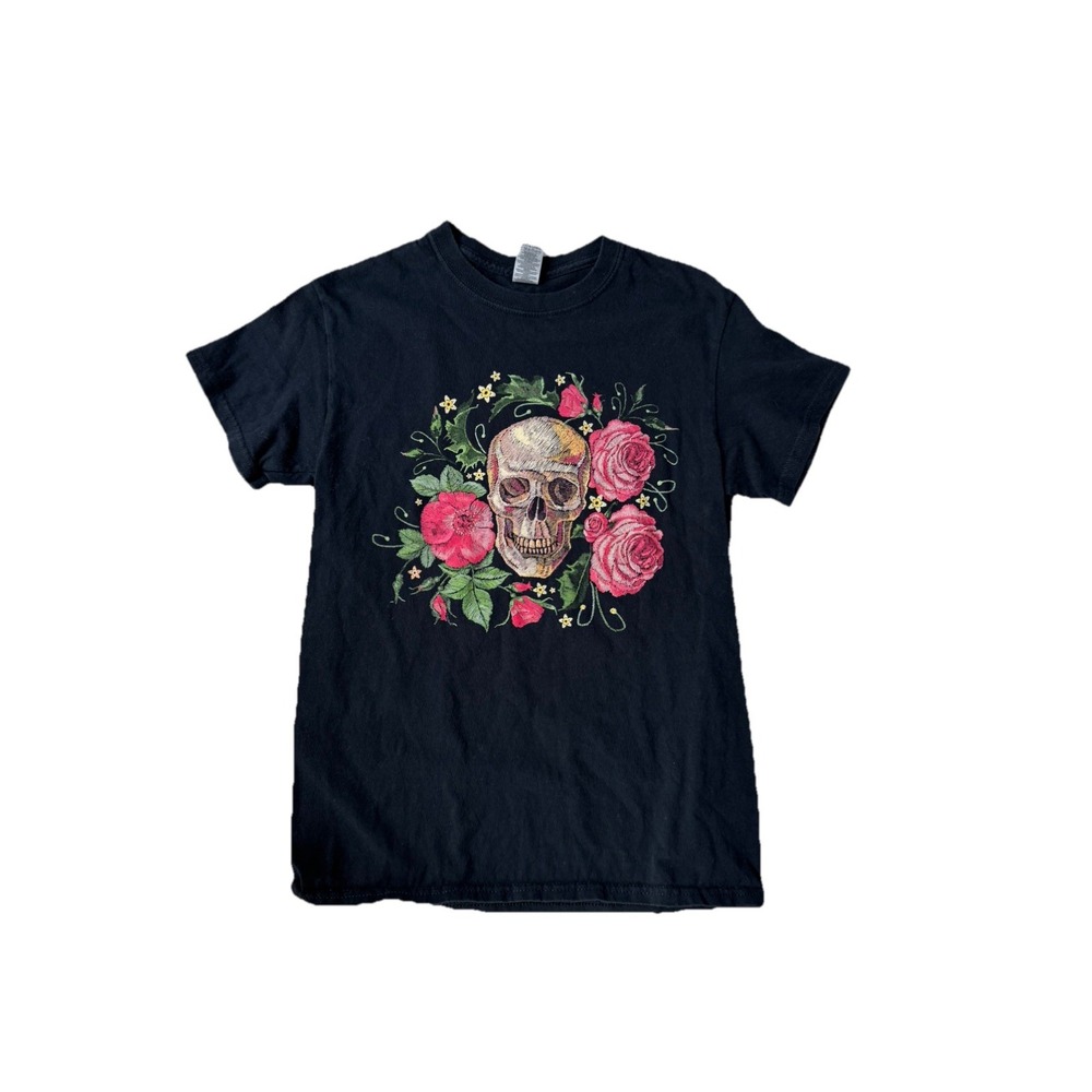 Gildan Womens Skull T-shirt Size S Black Day Of The Dead Sugar Skull Flowers